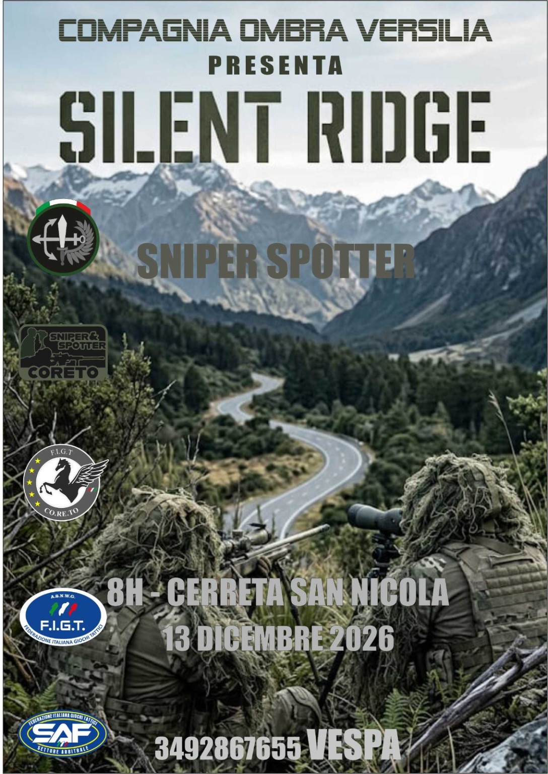 Locandina Silent Ridge di Compagnia Ombra Versilia: Sniper Spotter di 8 ore, Cerreta San Nicola, 13 dicembre 2026. Informazioni: Vespa, 349 286 7655.